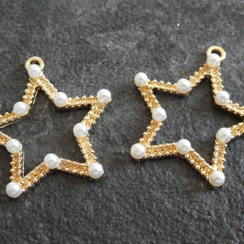 2 pendentifs / breloques etoile avec perles blanches - 32*30mm - doré (8sbd177)