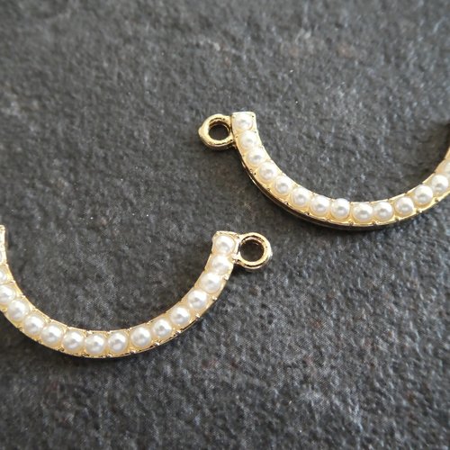2 connecteurs demi-cercle, demi-lune avec perles blanches - 34*13mm - doré - création collier, boucles d'oreilles (8scd100)