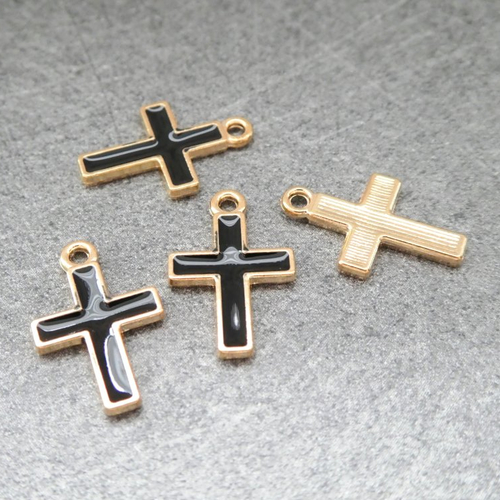 4 breloques croix 17*11mm doré et émail noir (8sbd207)