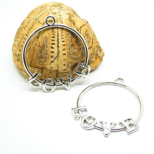 2 pendentifs ronds avec inscription "love" 36*30mm argent platine (8sba165)