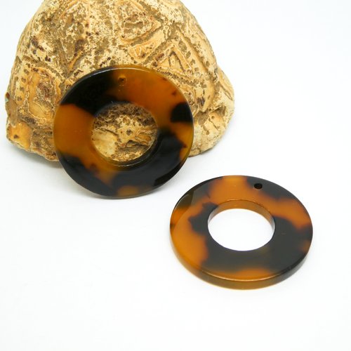 2 pendentifs ronds 26mm marron / noir acétate de cellulose - breloques rondes écaille de tortue (kr111)