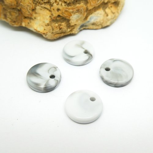 10 sequins ronds 10mm en acétate effet marbre blanc et noir - breloques rondes acétate (kr123)