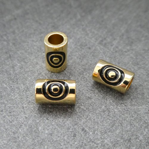 1 perle tube dorée avec cercles noirs 9*5mm, cuivre or (mfp05)
