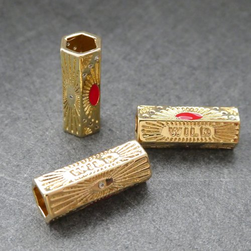 1 perle cylindre, tube dorée "wild" 21*9mm, émail rouge, zircon, cuivre or (mfp07)