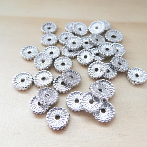 8 perles intercalaires style heishi 7mm laiton argenté, perles rondelles striées argenté (phpm06)