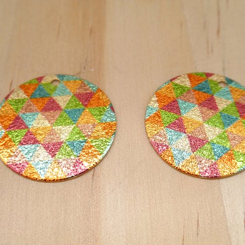2 breloques rondes pailletées 20mm imprimé géométrique triangles doré, vert, orange, bleu - dos doré pailleté (8sbdp60)