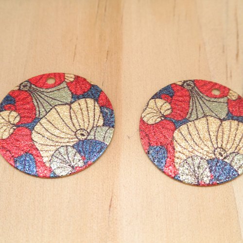 2 breloques rondes pailletées 20mm imprimé fleur de lotus, motif japonais doré, rouge, bleu- dos doré pailleté (8sbdp66)