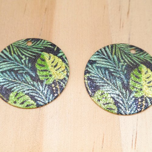 2 breloques rondes pailletées 20mm imprimé feuilles tropicales bleu, vert- dos doré pailleté (8sbdp72)