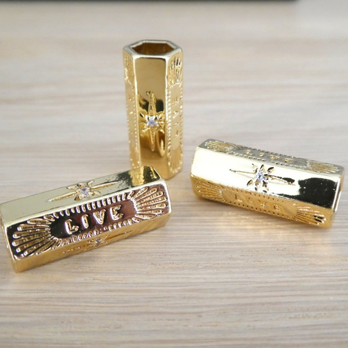 1 perle cylindre, tube dorée "live" 21*9mm, zircons, cuivre or (mfp08)