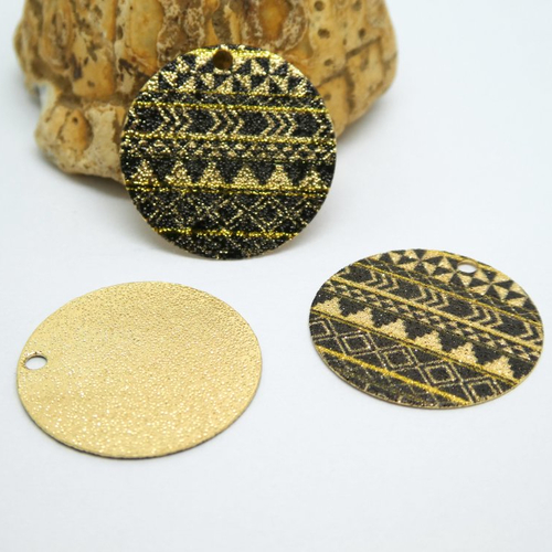 2 breloques rondes pailletées 20mm imprimé aztèque, ethnique doré et noir - dos doré pailleté (8sbdp43)