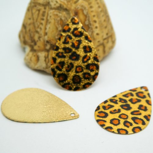 2 breloques goutte pailletée 28*18mm imprimé léopard doré, marron, noir - dos doré pailleté (8sbdp46)
