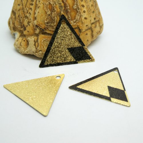 2 breloques triangle pailleté 22*19mm imprimé géométrique doré et noir - dos doré pailleté (8sbdp48)