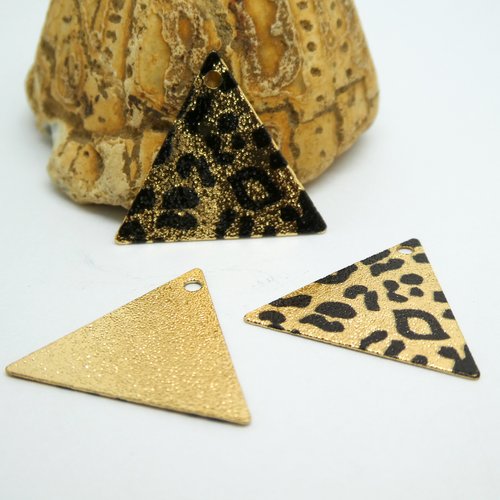 2 breloques triangle pailleté 22*19mm imprimé léopard doré et noir - dos doré pailleté (8sbdp49)