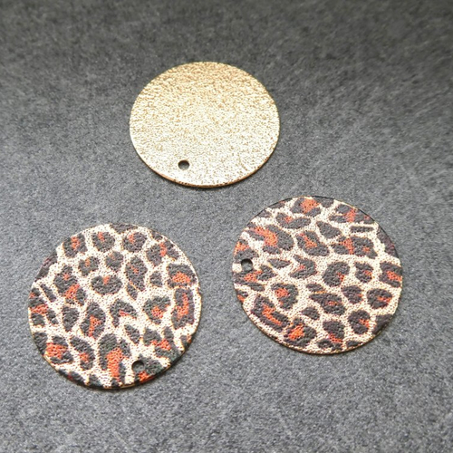 2 breloques rondes pailletées 20mm imprimé léopard doré, marron, noir - dos doré pailleté (8sbdp53)