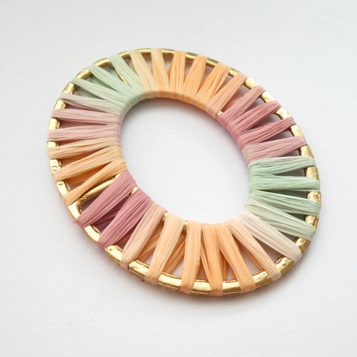 1 grand pendentif ovale 65*53mm en raphia vert/rose/orange (phbr24)