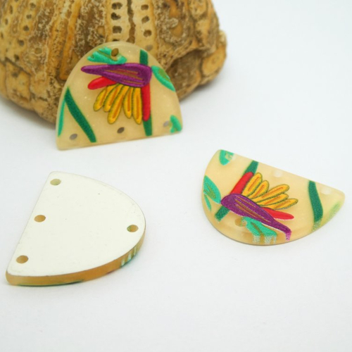 4 pendentifs connecteurs forme arrondie, acrylique, 22*17mm, jaune clair imprimé tropical vert, violet (kr147)