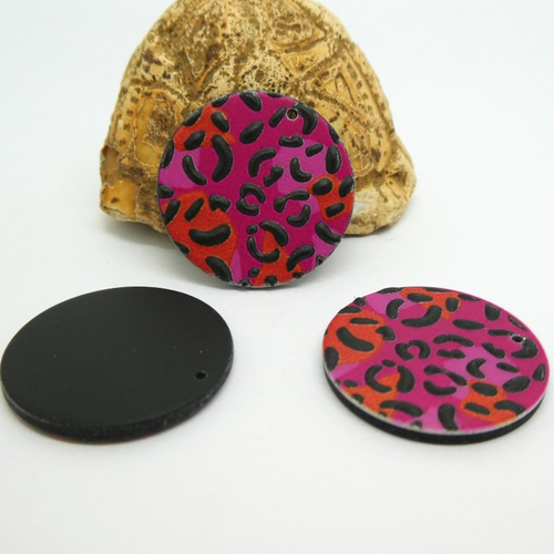 2 pendentifs ronds en acrylique 25mm imprimé léopard rose (kr164)