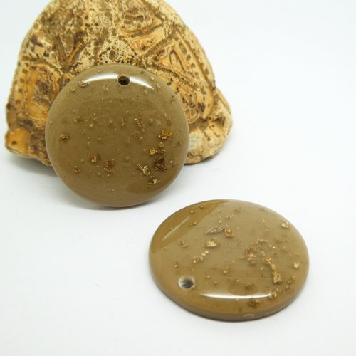 4 pendentifs ronds 25mm en acrylique marron et paillettes or (kr167)