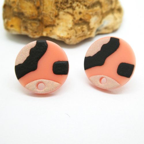 2 paires boucles d'oreilles puce avec trou, rond 15mm acrylique rose et noir (kbo21)