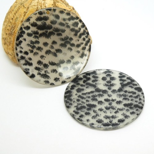 2 pendentifs ronds 35mm en acétate imprimé peau de serpent transparent (kr137)