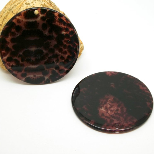 2 pendentifs ronds 35mm en acétate imprimé peau de serpent bordeaux (kr139)