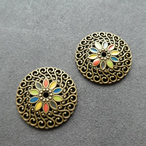 4 pendentifs, connecteurs ronds 25mm style bohême, bronze et émail rose/bleu/jaune (lcb04)