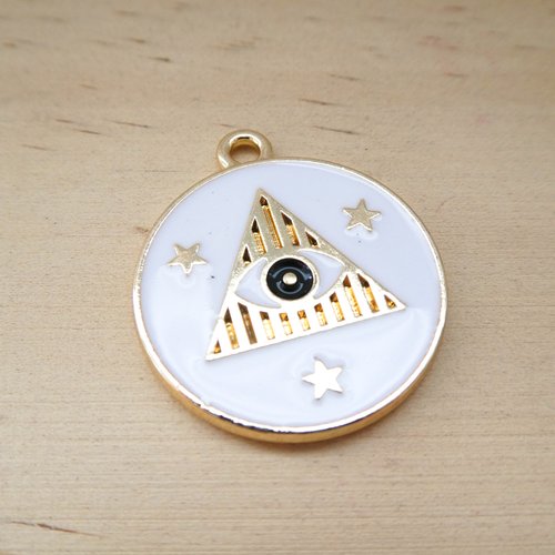 1 pendentif rond "oeil", étoiles 26*23mm doré et émail blanc - breloque ethnique oeil de protection blanc (wbd15)