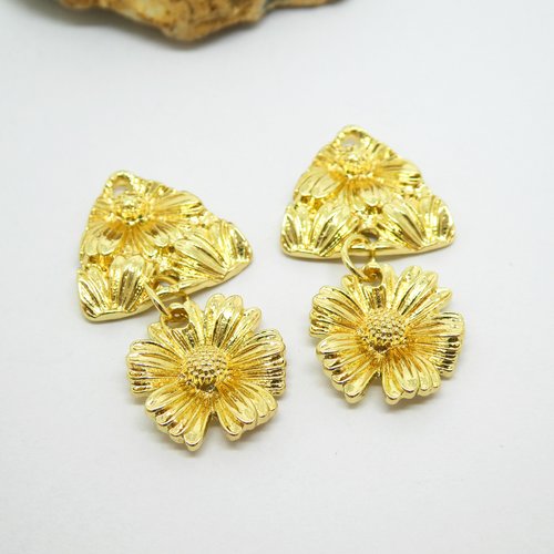 2 pendentifs mobiles triangle et fleur 33*17mm doré (kbd64)