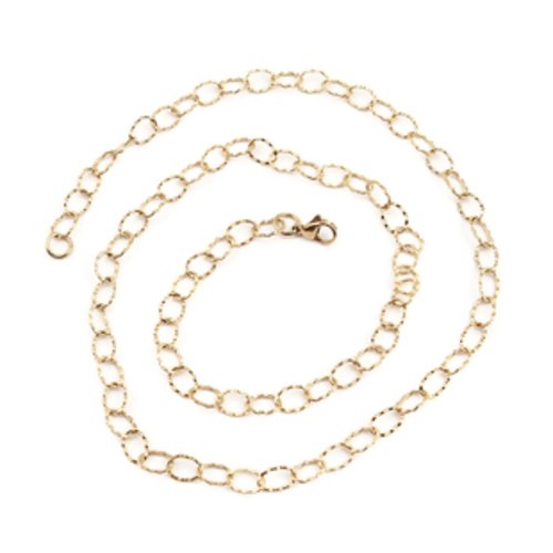 1 collier 60cm chaîne maille ovale martelée 9*6mm acier inoxydable doré - chaîne acier inox doré avec fermoir (8sch17)
