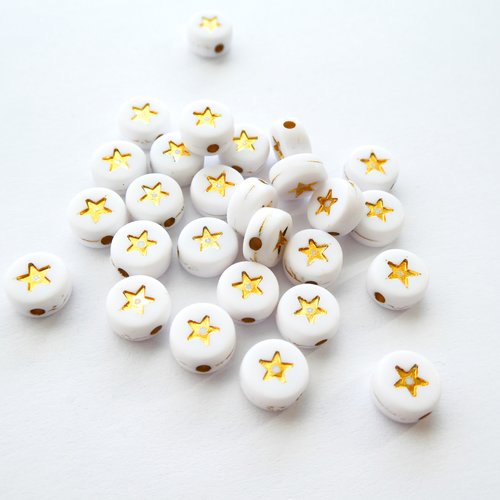 20 perles en acrylique rondes 7mm blanc et étoile dorée (8spa05)