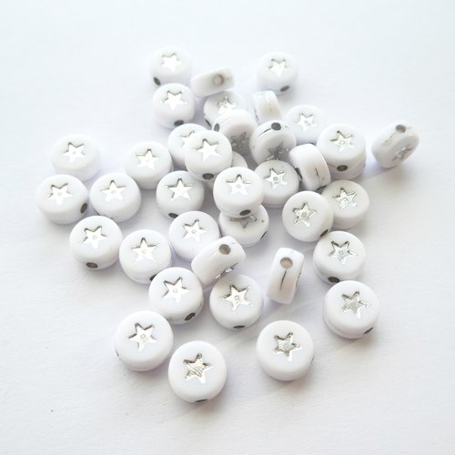 20 perles en acrylique rondes 7mm blanc et étoile argentée (8spa06)
