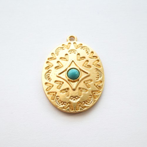 1 pendentif ovale ethnique, motif sculpté 32*23mm or mat et turquoise (8sbd274)