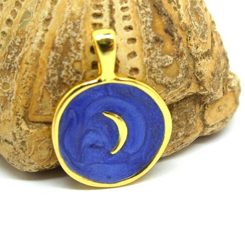 2 pendentifs, breloques rond 25*18mm, lune, doré et émail bleu nacré (8sbd298)