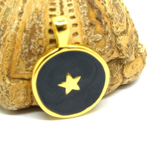 2 pendentifs, breloques rond 25*18mm, étoile, doré et émail noir nacré (8sbd301)