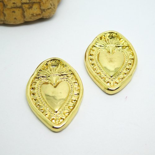 2 pendentifs forme goutte avec coeur ex-voto, 28*18mm, doré - breloque coeur ex-voto or (8sbd312)