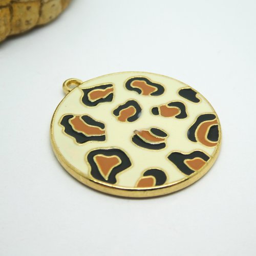 1 pendentif rond 33*30mm motif léopard émaillé écru, base doré (8sbd314)