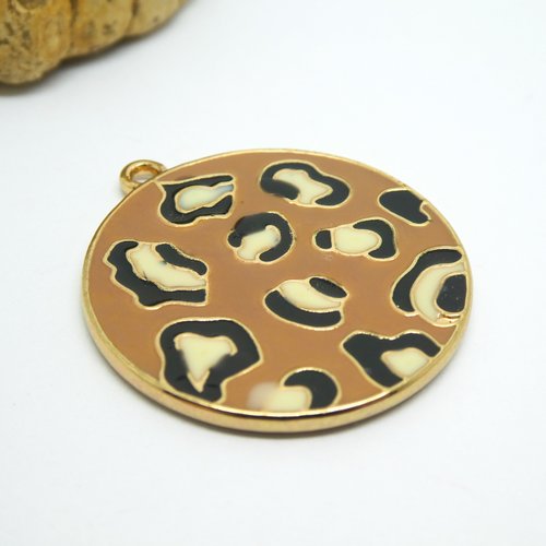 1 pendentif rond 33*30mm motif léopard émaillé marron, base doré (8sbd315)