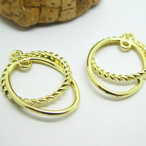 2 pendentifs, breloques anneaux fixes lisse et torsadé 31*22mm doré, 2 boucles (kbd78)