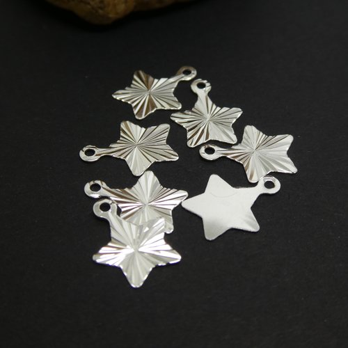 10 petites breloques fines étoile strié 12.5*10mm laiton plaqué argent 925 - sequin, pampille étoile argenté (phba06)