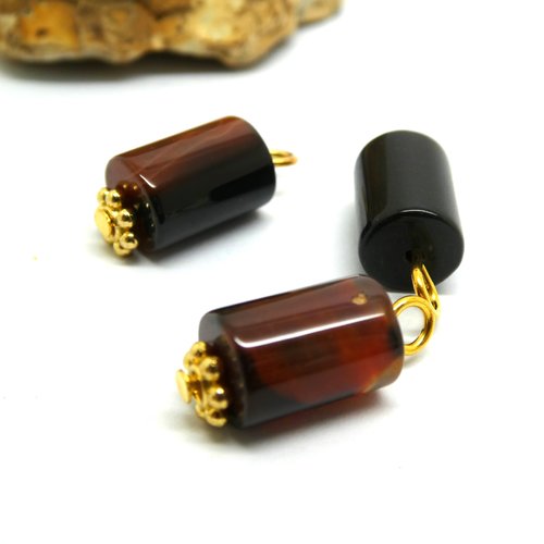 2 pendentifs en agate naturelle teintée marron 18*8mm, forme colonne (phag02)