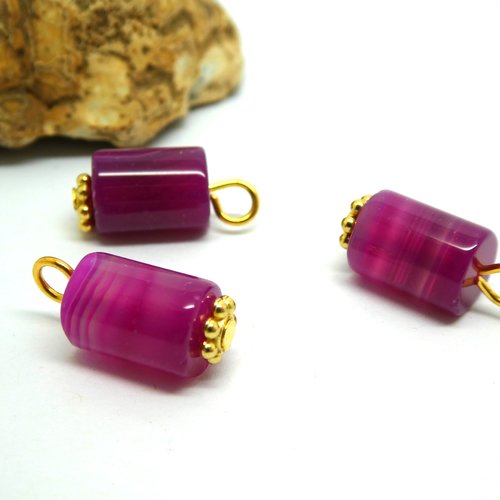 2 pendentifs en agate naturelle teintée rose / violet 18*8mm, forme colonne (phag04)