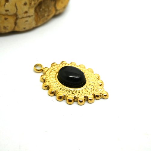 1 pendentif ethnique ovale 23*15mm, acier inox 304 doré et pierre noire (phpid06)