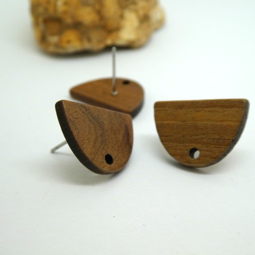 2 paires boucles d'oreilles à clous en bois - 18*12mm - forme arrondie, demi-lune avec 1 trou (kbo52)