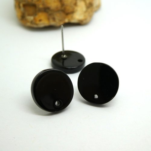 2 paires boucles d'oreilles à clous rond 12mm acétate noir (kbo42)