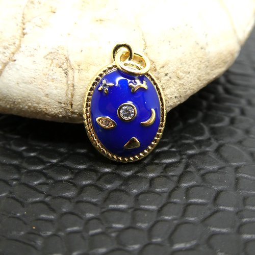 1 pendentif ovale 20*12mm - doré et émail bleu - zircon lune (8sbd353)