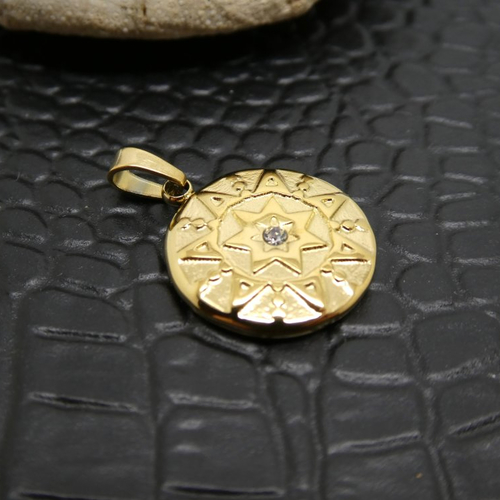1 pendentif rond 25x25mm motif soleil avec strass - acier inoxydable doré (8sbi01)
