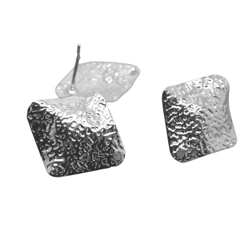 2 paires supports boucles d'oreilles à clou - losange texturé avec 1 trou - 19x17mm argenté (ibbo08)