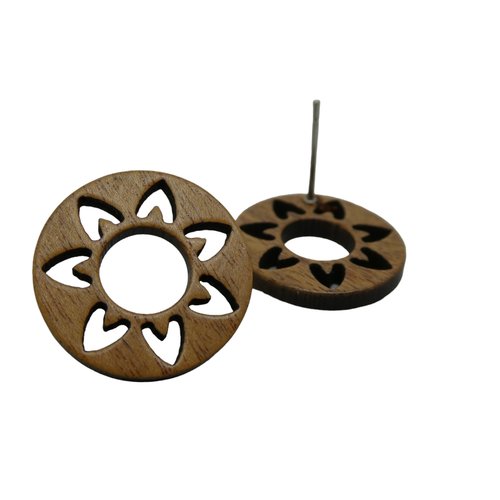 Paire boucles d'oreilles à clous en bois - 18mm - rond ajouré coeur (8sbo111)