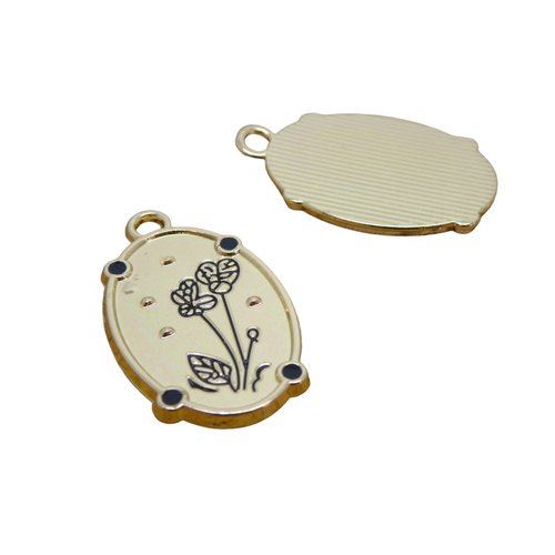 2 pendentifs ovales motif fleur émaillé noir - 25x15mm - alliage zinc doré (8sbd358)
