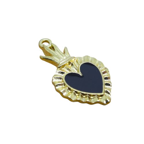 4 breloques coeur ex-voto - 27x15mm - doré et émail noir (8sbd367)
